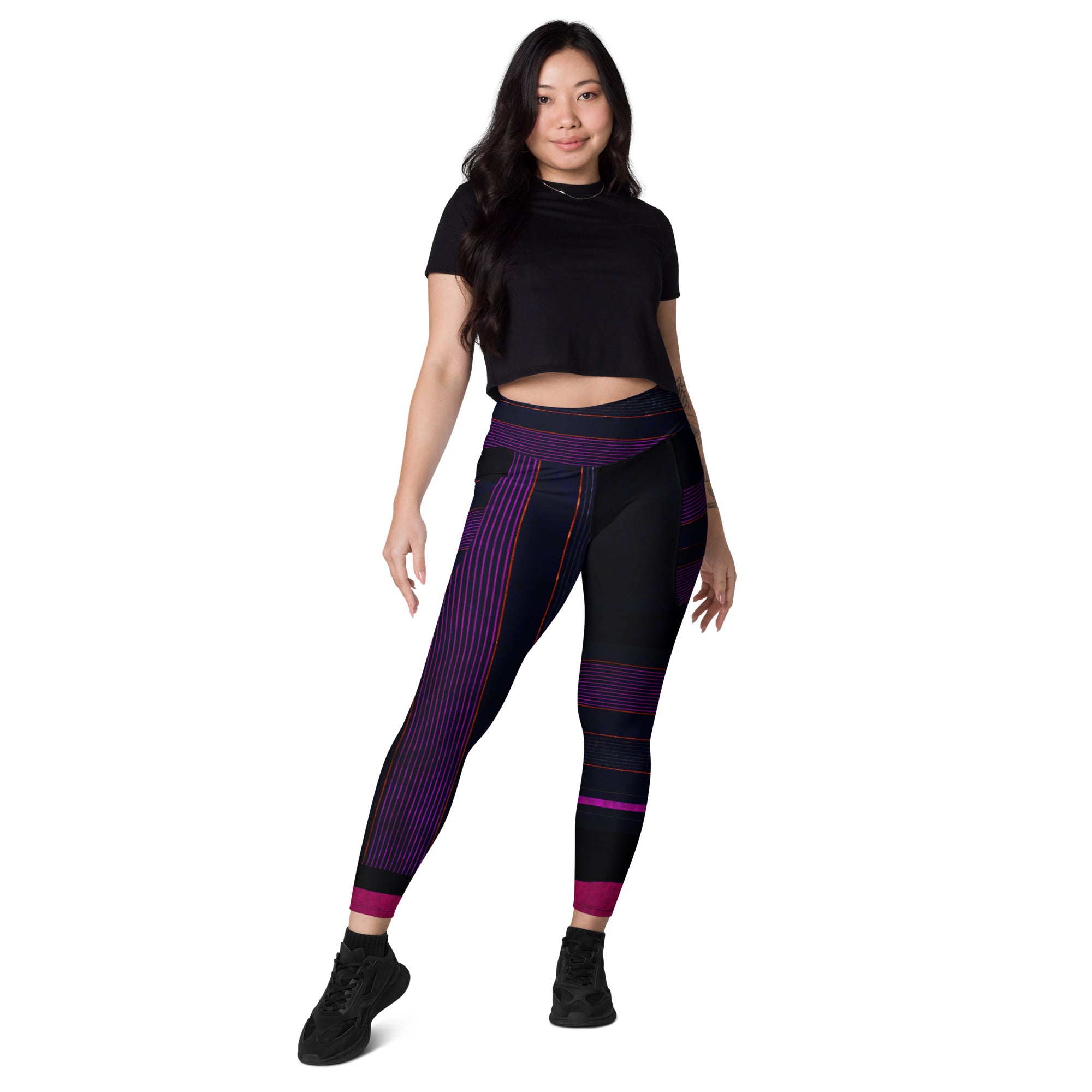 Black Gym Leggings with Pockets. Purple Pin Stripes Dance Leggings. Crossover Waist Yoga Pants. "Peppermint" by WickedYo.